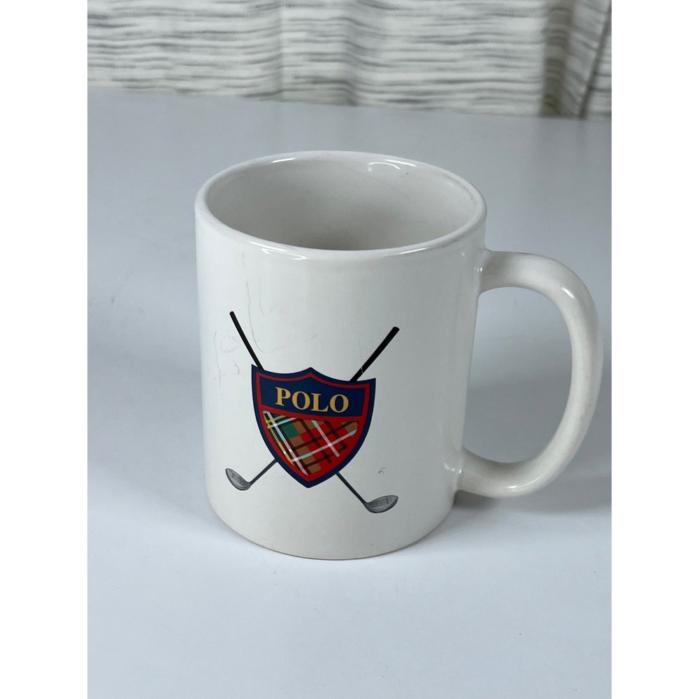 Vintage 1997 Ralph Lauren Polo Golf Mug White Ceramic Crest Plaid Coffee Cup